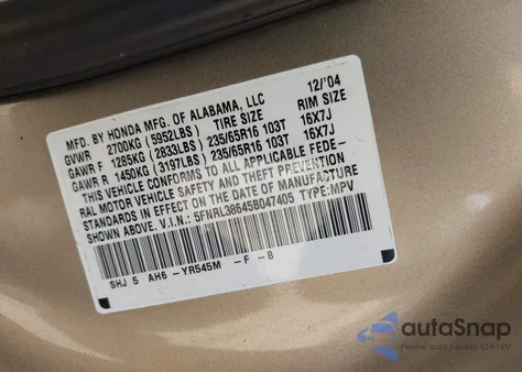 2005 Honda Odyssey Ex-L from USA, damaged, VIN 5FNRL38645B047405